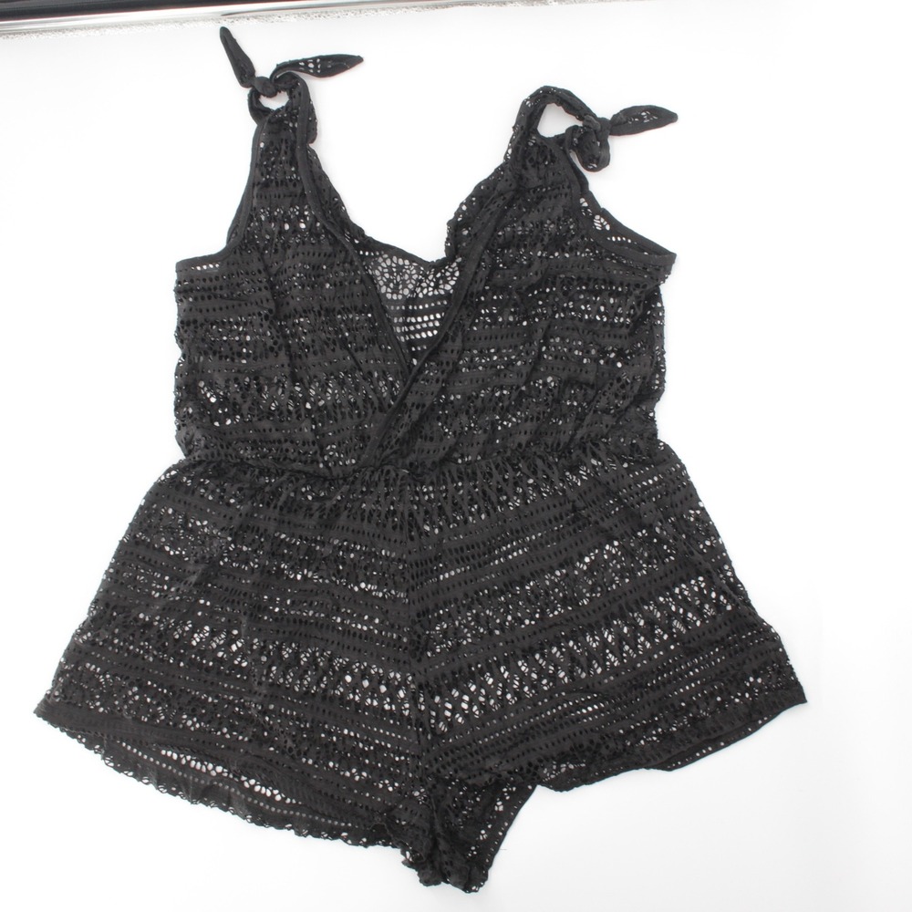 Women's‎ Black Crochet Lace Tie Shoulder Romper One Piece Cover Up Size M-L